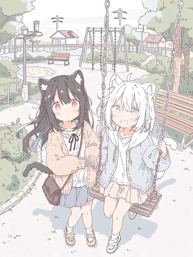公园秋千旁的两个猫耳女孩