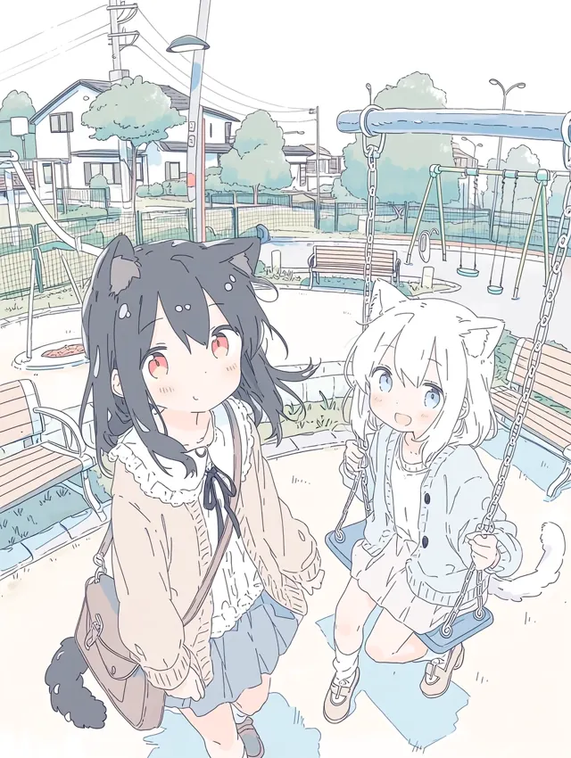 黑发猫耳女孩回头，白发猫耳女孩坐在秋千上