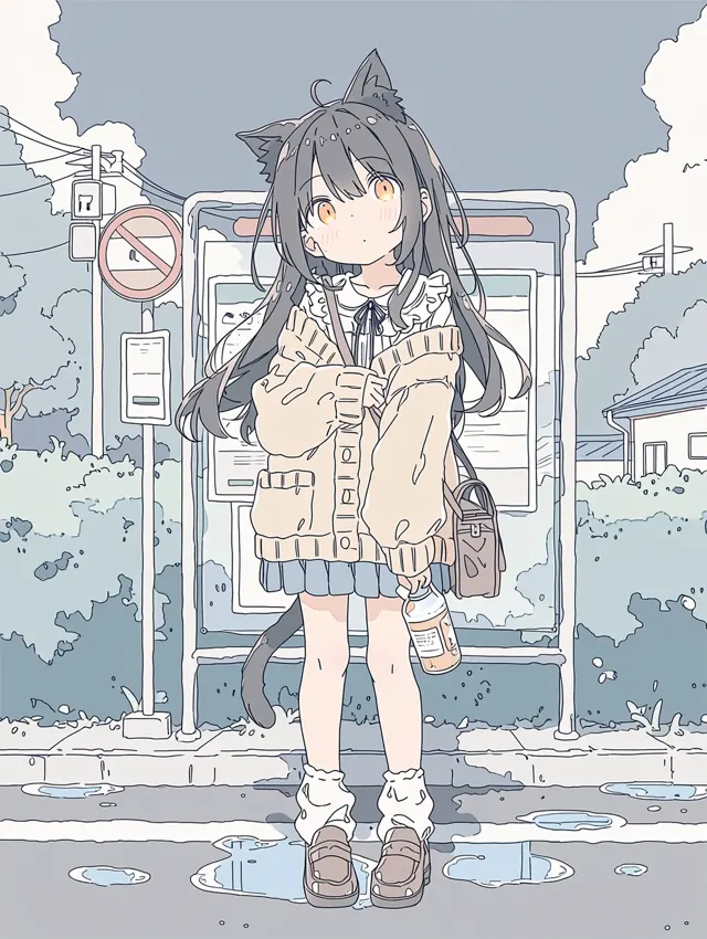 雨后公交站前的黑发猫耳女孩